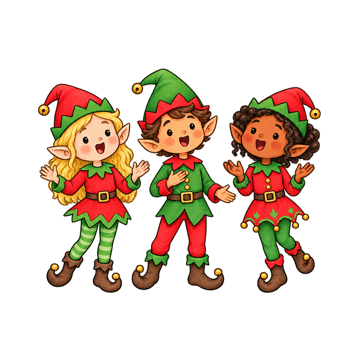 Three Elves Singing – Christmas clipart, transparent PNG