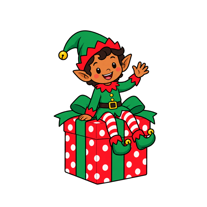 Elf Waving on a Present – Christmas clipart, transparent PNG