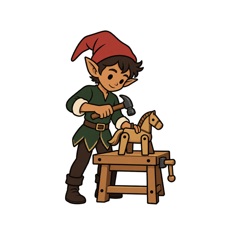 Elf Building a Wooden Horse – Christmas clipart, transparent PNG