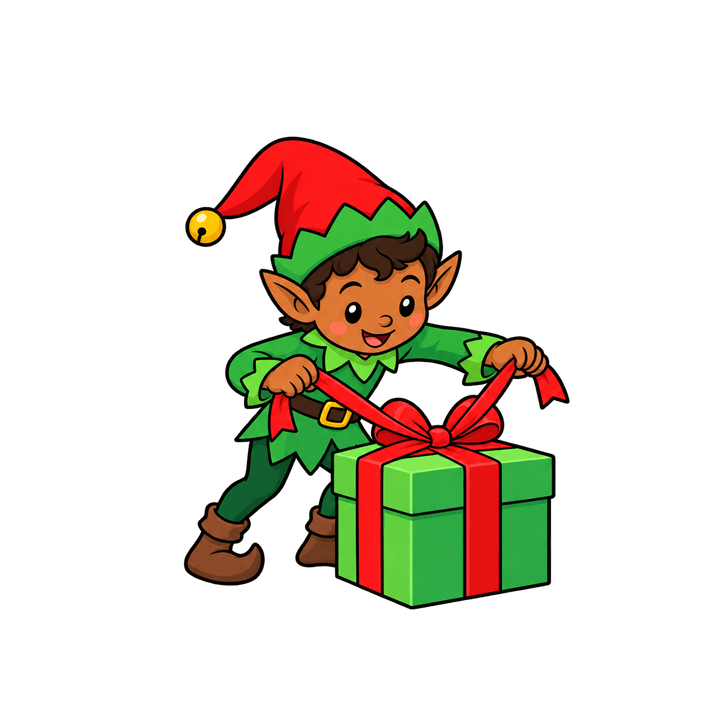 Elf Wrapping a Gift – Christmas clipart, transparent PNG