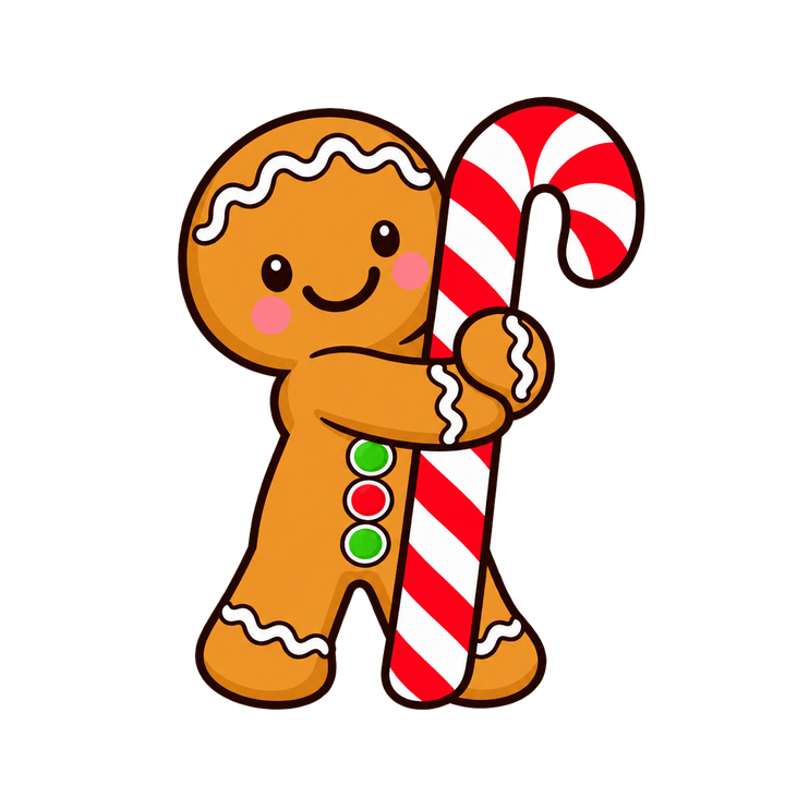 Gingerbread Man Hugging a Candy Cane – Christmas clipart, transparent PNG