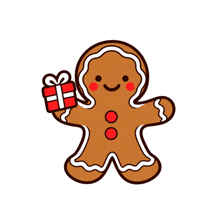 Gingerbread Man Holding a Present – Christmas clipart, transparent PNG