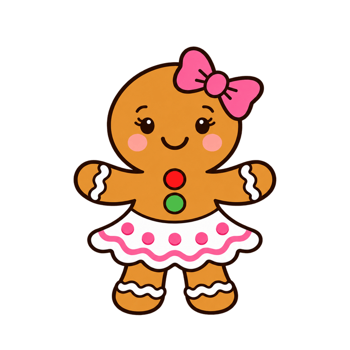 Gingerbread Girl with Pink Bow – Christmas clipart, transparent PNG
