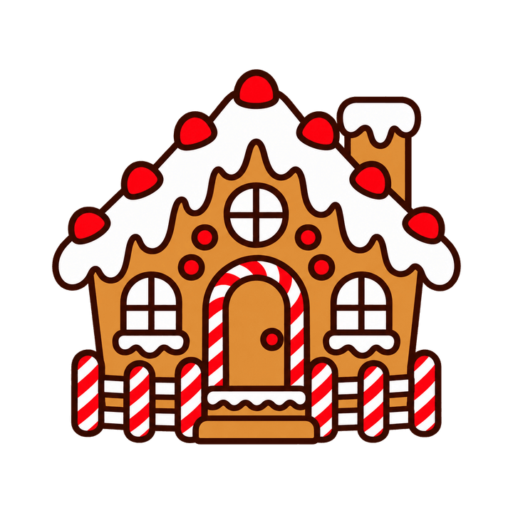 Gingerbread House with Candy Cane Fence – Christmas clipart, transparent PNG