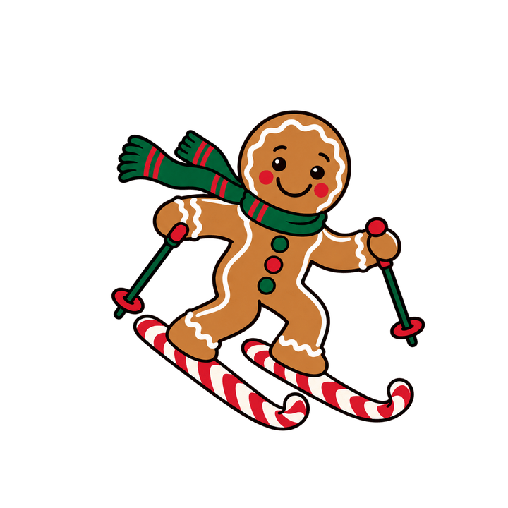 Gingerbread Man Skiing on Candy Canes – Christmas clipart, transparent PNG