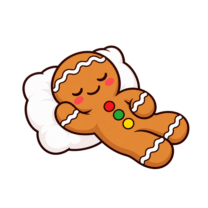 Gingerbread Man Sleeping on a Pillow – Christmas clipart, transparent PNG
