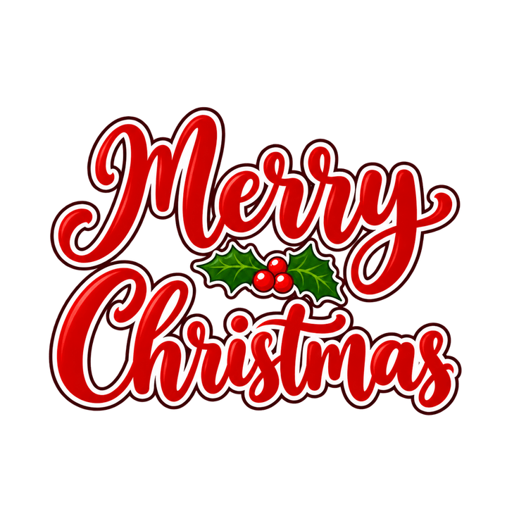 Red Script Merry Christmas with Holly – Christmas clipart, transparent PNG