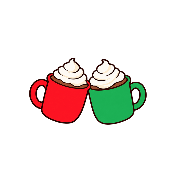 Two Hot Cocoa Mugs Clinking – Christmas clipart, transparent PNG