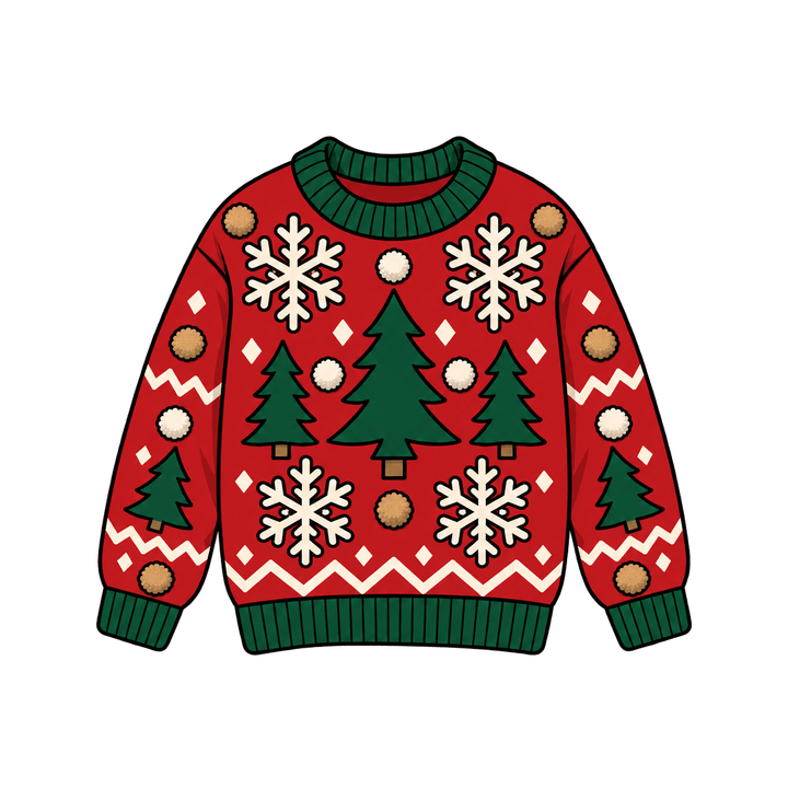 Red Ugly Sweater with Trees – Christmas clipart, transparent PNG