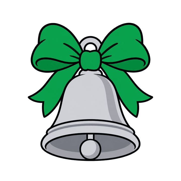 Silver Bell with a Green Bow – Christmas clipart, transparent PNG