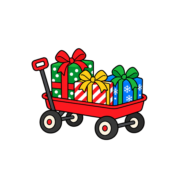 Red Wagon with Three Gifts – Christmas clipart, transparent PNG
