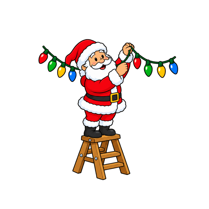 Santa on a Ladder Hanging Lights – Christmas clipart, transparent PNG