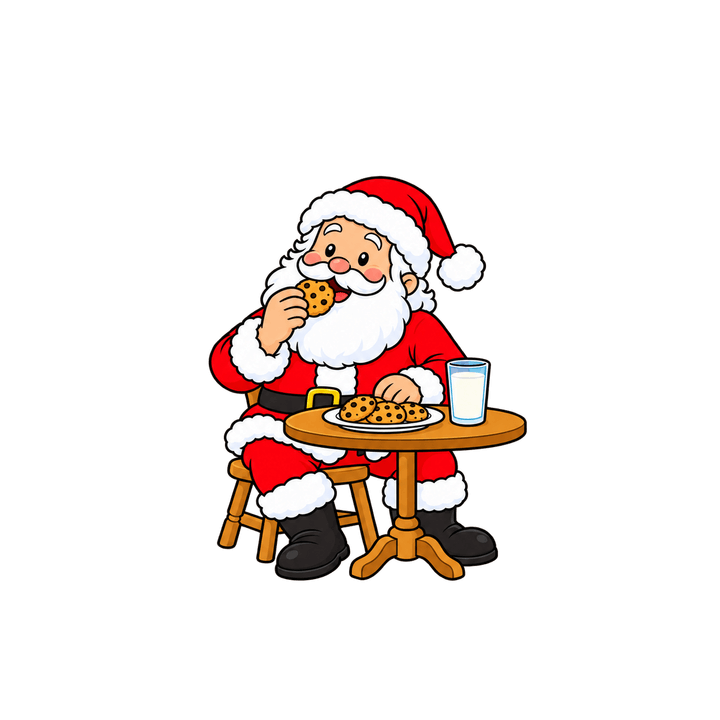 Santa Eating Cookies at a Table – Christmas clipart, transparent PNG
