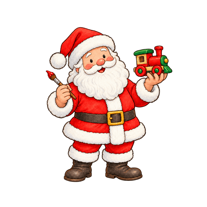 Santa Painting a Toy Train – Christmas clipart, transparent PNG