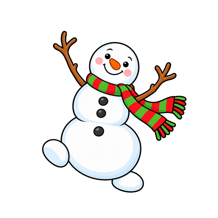 Dancing Snowman with a Striped Scarf – Christmas clipart, transparent PNG