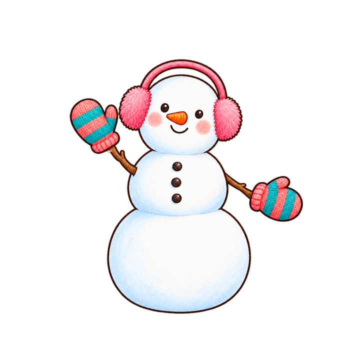 Snowman in Pink Earmuffs Waving – Christmas clipart, transparent PNG