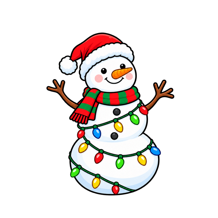 Snowman in Lights and a Striped Scarf – Christmas clipart, transparent PNG
