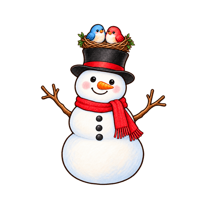 Snowman with a Bird Nest Hat – Christmas clipart, transparent PNG