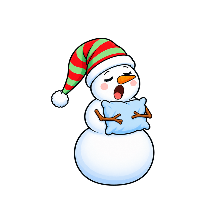 Yawning Snowman with a Pillow – Christmas clipart, transparent PNG