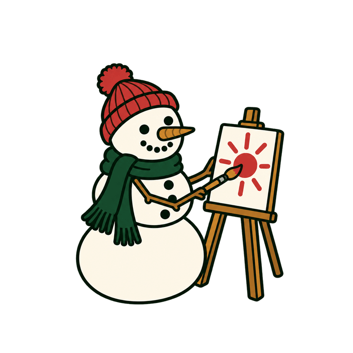 Snowman Painting a Sun – Christmas clipart, transparent PNG