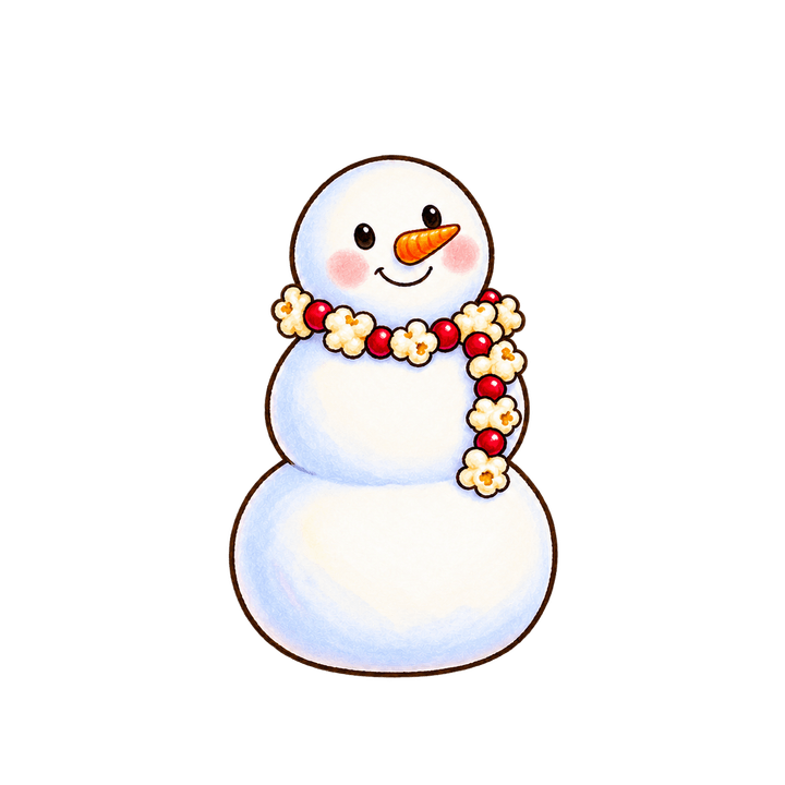 Snowman with a Popcorn Garland – Christmas clipart, transparent PNG