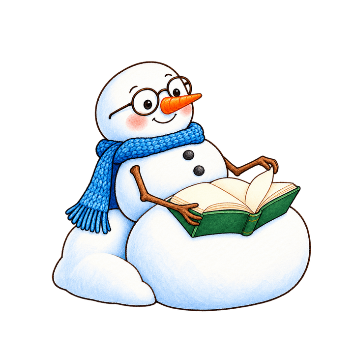 Snowman with Glasses Reading a Book – Christmas clipart, transparent PNG
