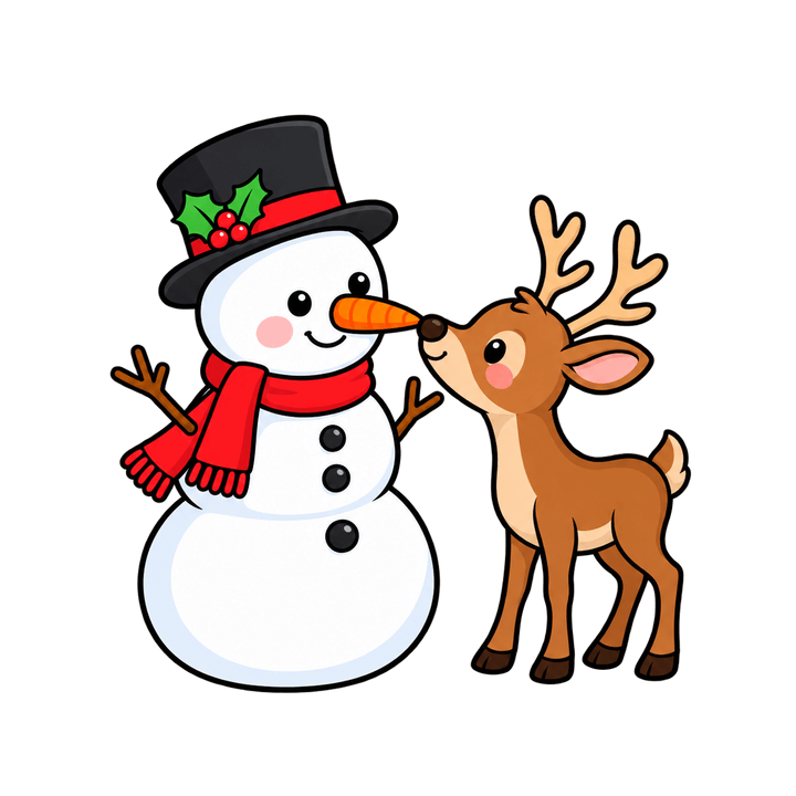 Snowman and Reindeer Nose to Nose – Christmas clipart, transparent PNG