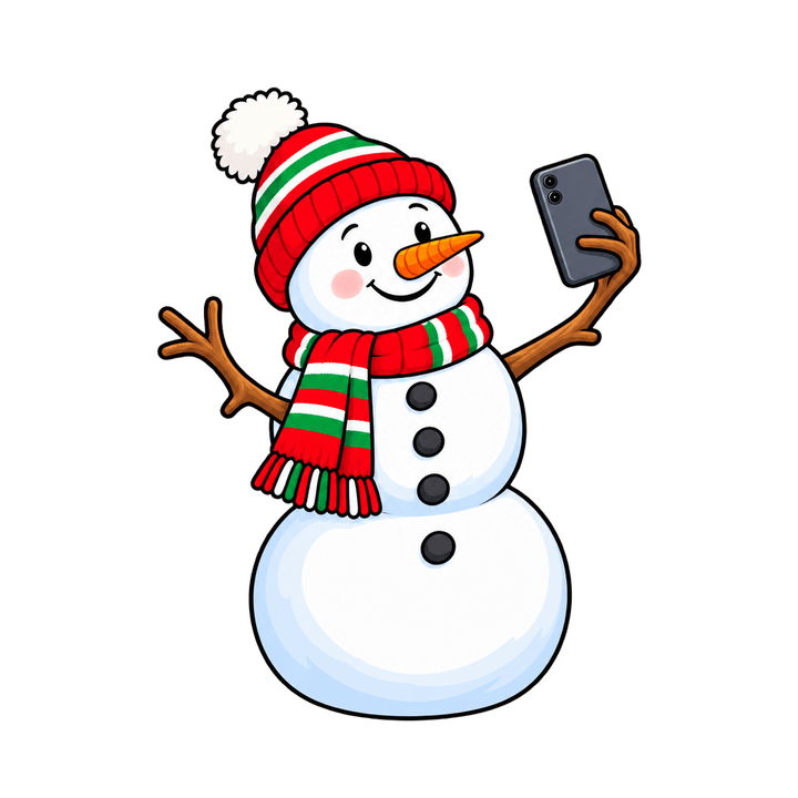 Snowman Taking a Selfie – Christmas clipart, transparent PNG