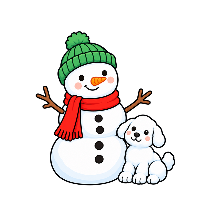 Snowman with a Snow Dog – Christmas clipart, transparent PNG