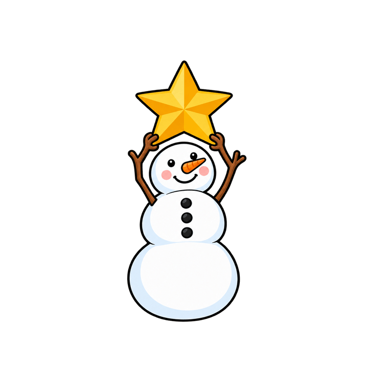 Snowman Holding Up a Gold Star – Christmas clipart, transparent PNG