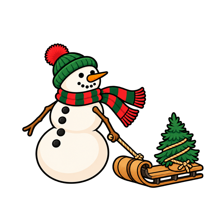 Snowman with a Sled and Tree – Christmas clipart, transparent PNG