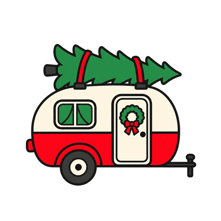 Camper Trailer with a Christmas Tree – Christmas clipart, transparent PNG