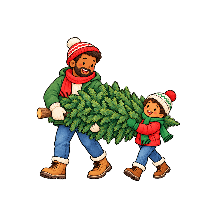 Family Carrying a Christmas Tree – Christmas clipart, transparent PNG
