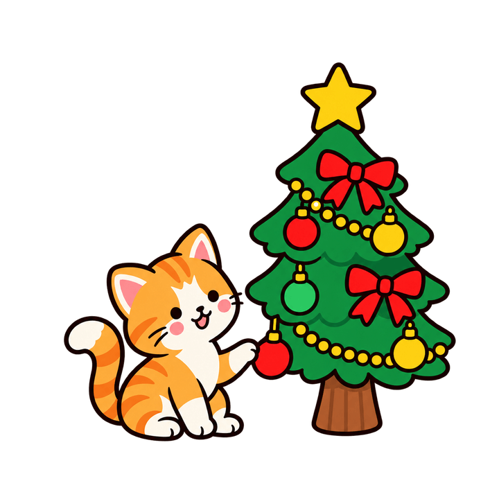 Kitten Batting a Tree Ornament – Christmas clipart, transparent PNG