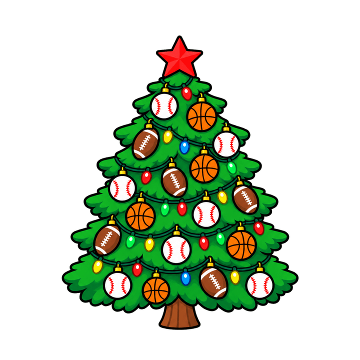 Christmas Tree with Sports Ball Ornaments – Christmas clipart, transparent PNG