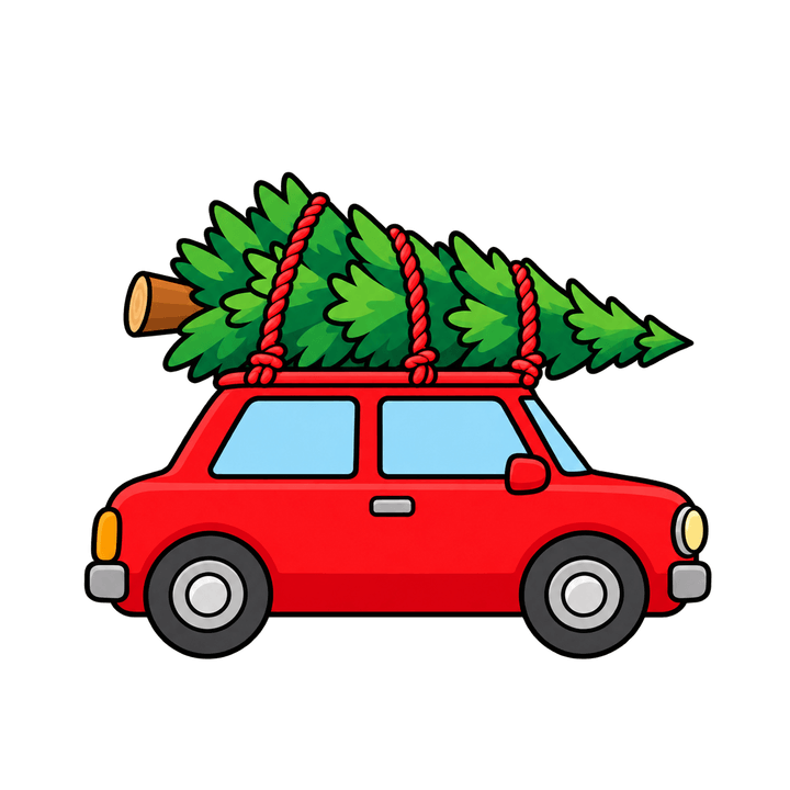 Red Car Carrying a Christmas Tree – Christmas clipart, transparent PNG