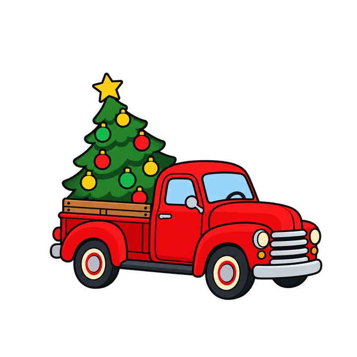 Red Truck with a Christmas Tree – Christmas clipart, transparent PNG