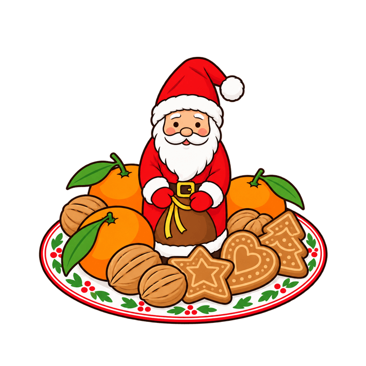 Nikolausteller mit Schoko-Nikolaus und Mandarinen – Weihnachten Clipart, transparentes PNG